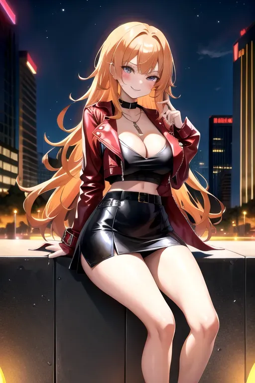 full body, strawberry blonde hair, brown eyes, short girl, red miniskirt, black high heels, looking at viewer, long hair, pale skin, silver necklace, black crop top, 24 years old, giant breasts, cute face, pov, wavy hair, city environment, Oklahoma City, wide eyes, erotic, skirt tug, leather jacket, nighttime, black backpack, slim body, sitting on wall, smiling, cleavage, f-cup breasts