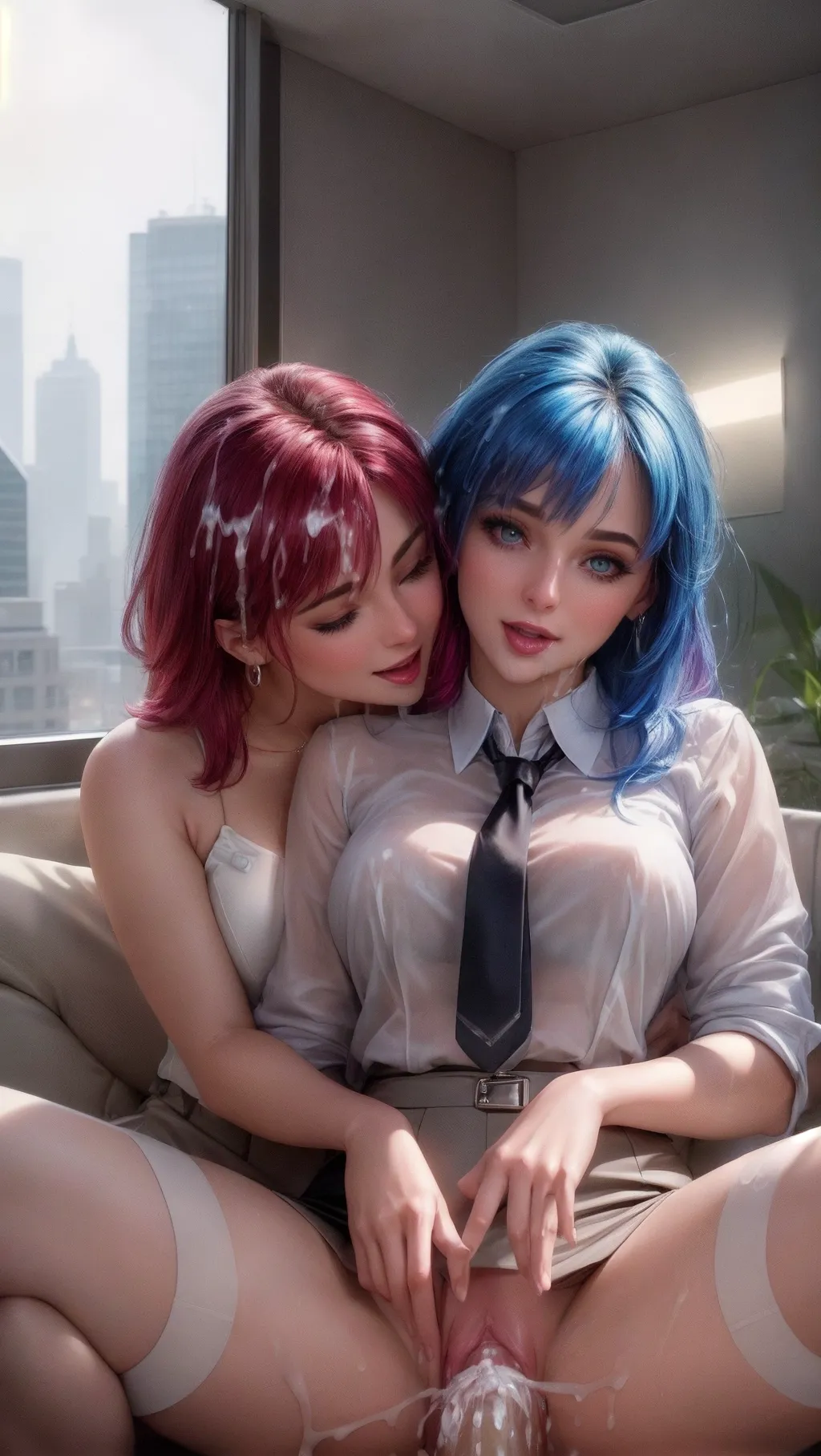 high quality (photo_realistic:1.2) hyperreal, (erotic image of 2 adult women with color hair cuddling on large penis in a skyscrapper glass office), (office fashion pencil skirt:1.2),
(Correct anatomy of two women blowjob), (heterochromia eyes with thick eyeliner), (seductive face looking at viewer with happy expression smiling:1.07), beautiful thin lips mouth open, (realistic pussy with labia and clitoris:1.12),
(Seductive and mature, vibrant colors in beautiful natural daylight:1.2), hyperrealistic wet skin (covered in cum:1.12), ((eye contact)), interesting composition, <lora:bukkake:0.35>,
<lora:dpmg_add_detail:0.75>, (amateur photography, soft focus:1.03), (high resolution masterpiece, shadows creating interesting contrast, night photography:1.35), anime-like, bad photography, bad lighting, feminine, (line up of 2 women in necktie laughing:1.2), <lora:dpmg_pov_cowgirl:0.47>, <lora:dpmg_riding_dildo:0.72>