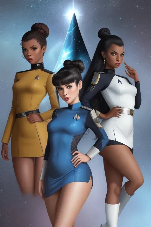 Star trek the original series, vulcan female, science officer, lieutenant, hair bun, blue eyes, red lips, dark skin, solid blue one-piece hip length skirt, average waist size, thick butt, curvy thighs, pussy, thigh high boots, live long and prosper, 60s