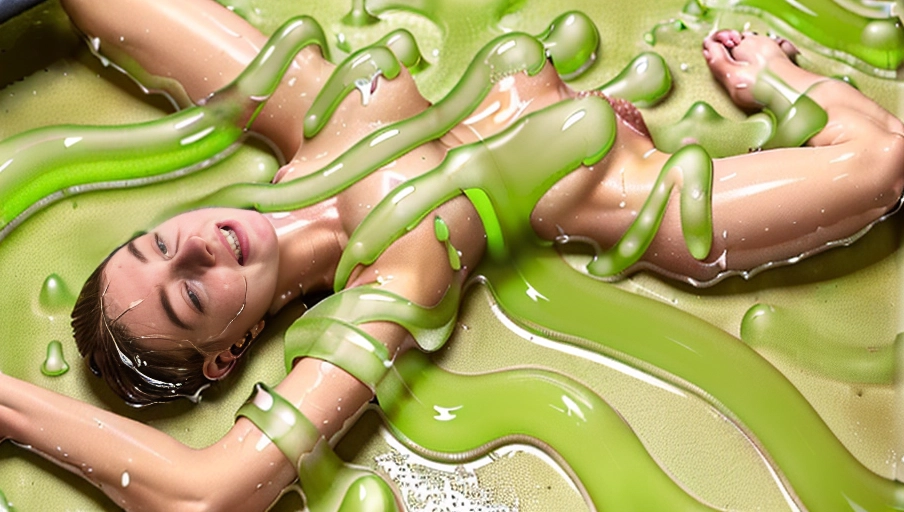 8k, photorealistic, deserted laboratory scene, full length shot, (((beautiful young thin naked woman))), full breasts, ((bobcut hair)), pointed ears,eyes, Orgasm expression, skin, gorgeous body, centerfold body, ((laying on floor face-up)),vomiting sticky slime onto woman breasts)), ((woman glued to floor by 4 inches thick layer of sticky translucent slime)), woman cannot move, ((((sticky translucent slime strands run between womans body and floor)))),melting into puddle