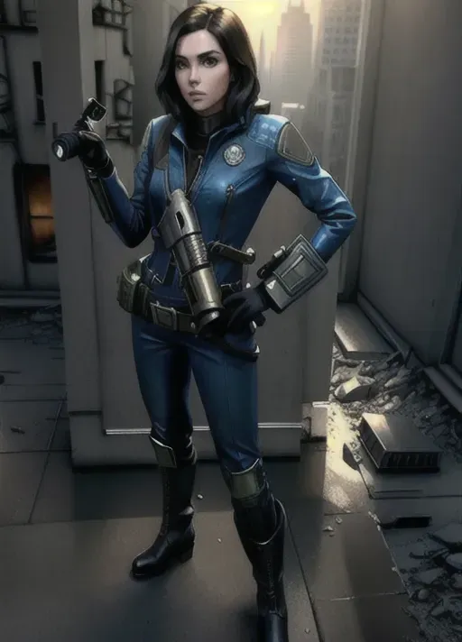 a realistic photograph, full length shot, gorgeous adult woman, beautiful young woman, from fallout 3, woman from vault 13, wearing vault suit, blue coveralls, black boots, wearing goggles, standing, alone in the wasteland, surrounded by rubble, panoramic view of destroyed city, sexy pose, slim body, toned legs, intricate, highly detailed, digital photography, long dark hair, full body shot, (masterpiece, side lighting, finely detailed beautiful eyes: 1.2), hdr, <lora:more_details:0.2>, surreal, toned, slim, toned body, runner, curvy, medium breasts, five slender fingers, beautiful hairstyle, charming face, accurate face, beautiful lips, detailed large eyes, thick dark eyebrows, pale skin, long legs surreal, black high heeled shoes, highly detailed, smooth, sharp focus,8k,