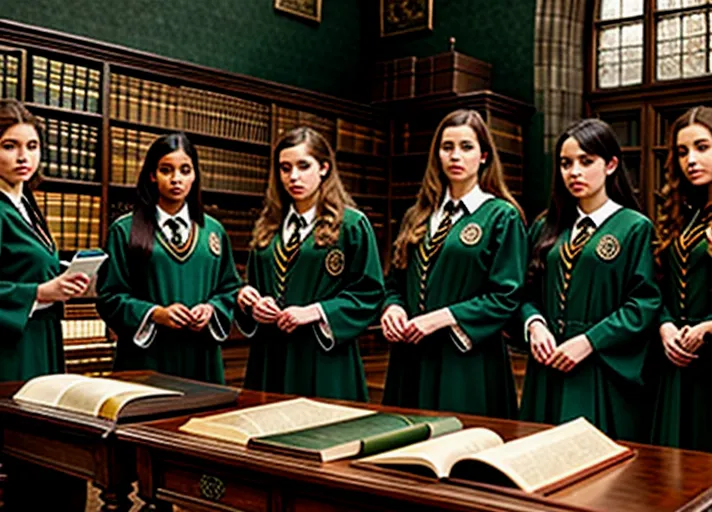 Highly detailed realistic photograph, of four sexy women, four beautiful women, model face, large tits, five fingers each hand, in a Hogwarts classroom, wearing Hogwarts uniforms, Slytherin, Ravenclaw, Hufflepuff, Gryffindor, sharp focus