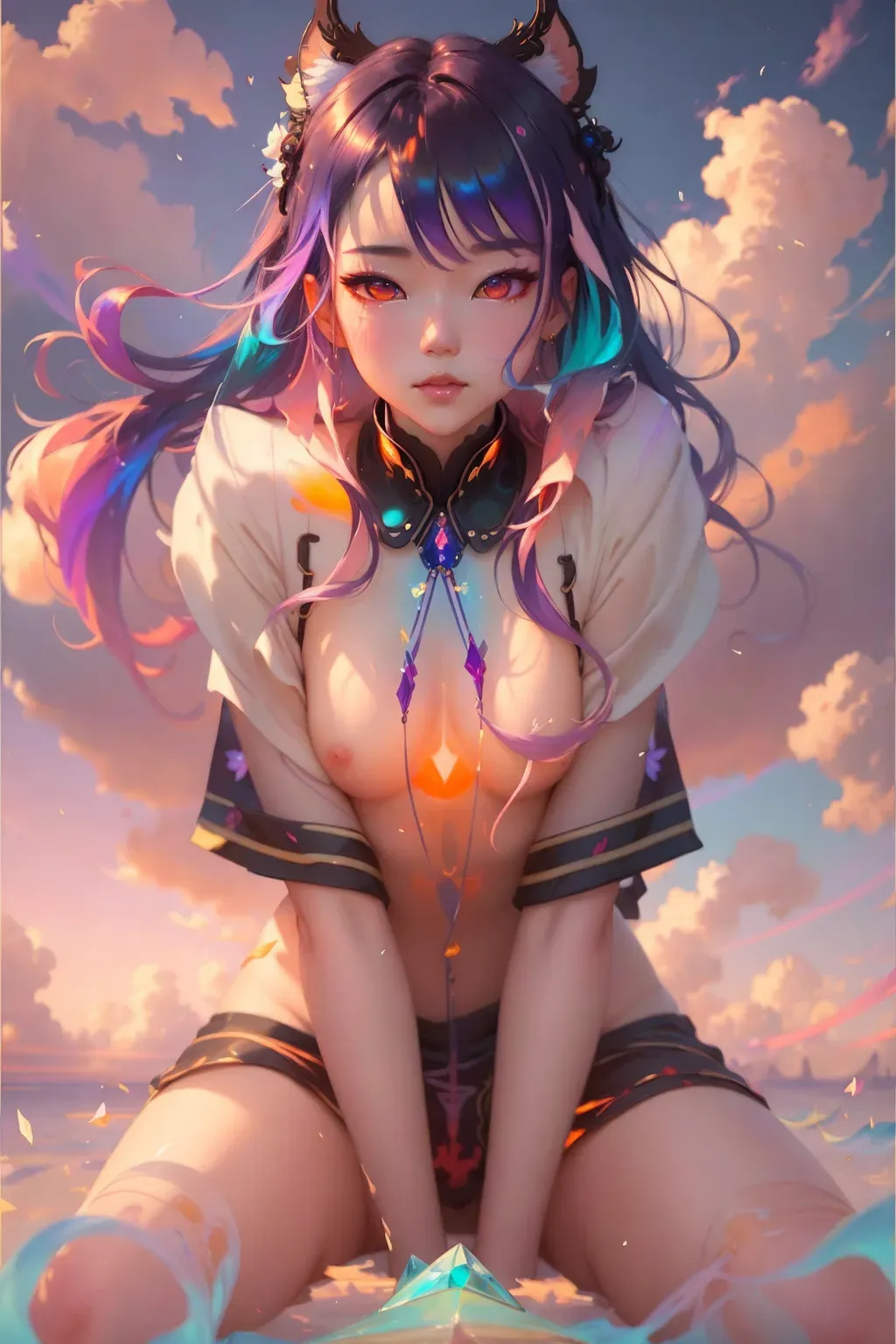 Loish, james jean, beautiful. functionally nude girl, hair made of floating ribbons and smoke, beautiful sky background, colorful and vibrant, mystical colors, contemporary impressionism, yanjun cheng portrait painting, iridescent painting, 3-4 perspective view, cute face, low angle, sweeping circling composition, large beautiful crystal eyes, big irises, 8k, UHD, HDR, (Masterpiece:1. 5), (best quality:1. 5), Model: Dark Sushi 2. 5D