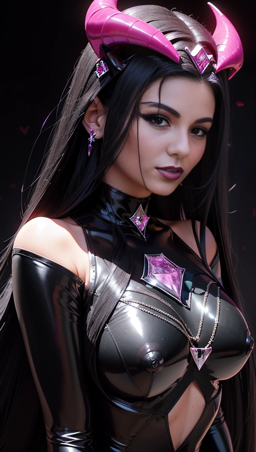 best quality, (((ultra high res))), (((detailed face and eyes))), ((perfect face)), (big shining heart choker), earrings, jewelry, (conjuring), witch, ((very long voluminous hair)), ((((black hair)))), ((((black skintight neckholder)))), ((((pink lipstick)))), ((black long sleeves)), ((glowing heart)), (((demon mark))), ((((straight hair)))), (((Kylie Jenner))), (((((very very long black hair))))), (((perfect face and eyes))), (((straight hair))), (black latex suit), ((succubus)), hearts, dark background, (((face closeup))), (((diamond diadem))), (black demon horns)
