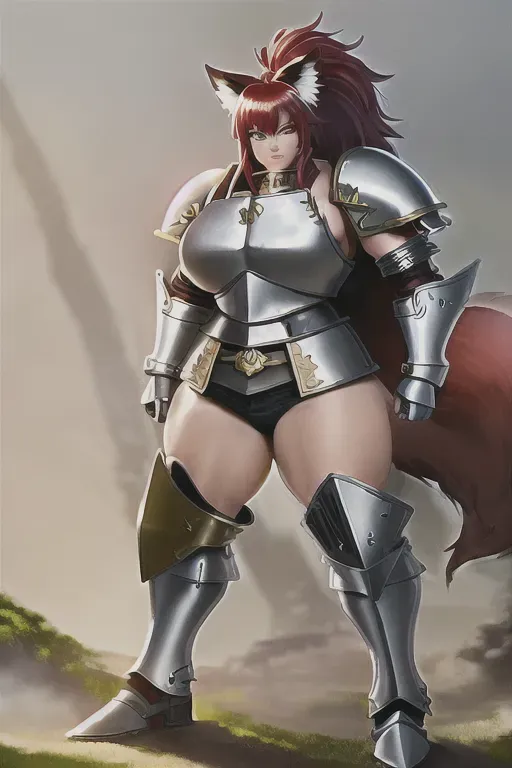 ((Fantasy knight wearing armor)),forest background,dark skin,red hair, woman,yellow eyes,small breasts,((silver breastplate)),((baggy pants)),((large fox ears)),beautiful face,fox tail,tattoos,wide hips,short hair,ponytail,((wild hair)),very tall woman,curvy,((thick muscular arms)),muscular,stern serious face,studio lighting,surreal,smooth,artstation,professional,sister of battle (warhammer 40k),((masterpiece)),