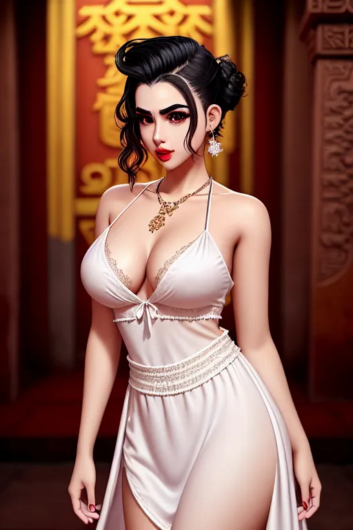 a digital art of,a venezuela girl,wearing nightgown,standing,in a temple,natural breasts,five fingers per hand,undercut hair,charming face,beautiful lips,detailed large eyes,curved eyebrows,pale skin,joyful,wearing necklace,editorial,bokeh,pixiv,smooth,cgsociety
