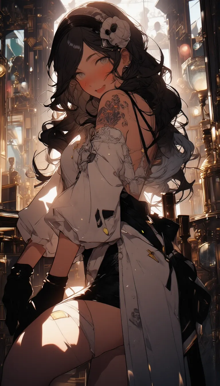 Anime style. 1boy, Serena, SerenaRH, very long straight black hair, brown eyes, gorgeous lips, dark lips, medium perky breasts, perfect body, large hips, fit body, thick thighs, 1g0r, Dutch angle, earrings, elegant, makeup, fancy party room, indoor, golden details, dramatic light, face closeup, parted lips, makeup, abs, solo, parted lips, shiny skin, sweat, brown hair, toned, brown eyes, big breasts, braid, muscular male, black hair, long hair, looking at viewer, indoors, easynegative, FMAB_Envy, 1boy, solo, long hair, black hair, purple eyes, slit pupils, headband, crop top, bare shoulders, midriff, gloves, fingerless gloves, skirt, side slit, bike shorts under skirt, bike shorts, toeless legwear, leg tattoo, 1femboy, on knees