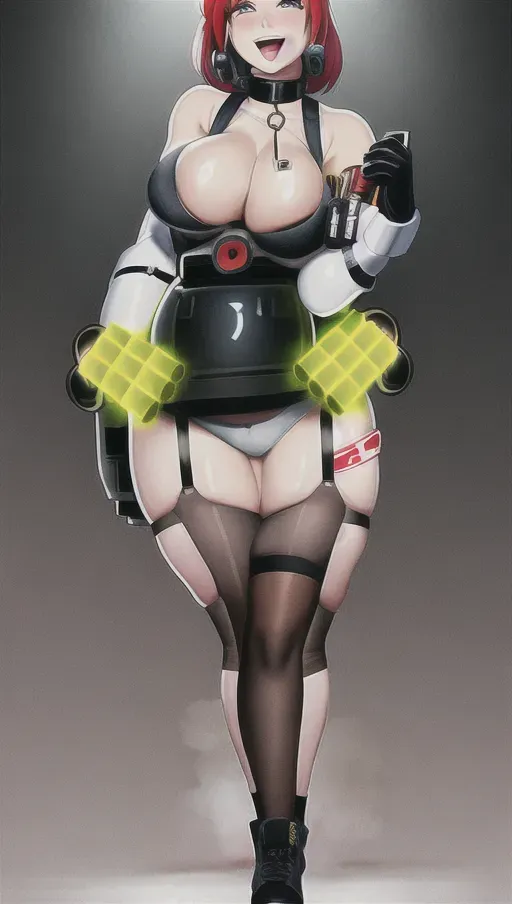 Cute thicc female white-skinned girl, sexy face, red hair, suicide bomber, huge breasts, happy, smiling, explosive vest, suicide bomber, holding detonator, wearing bomb vest, lots of cleavage, bomb belt around waist suicide vest