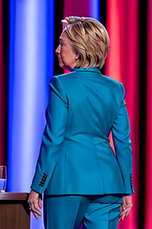 Hillary Clinton wearing a shiny pantsuit with hands cuffed behind her backher