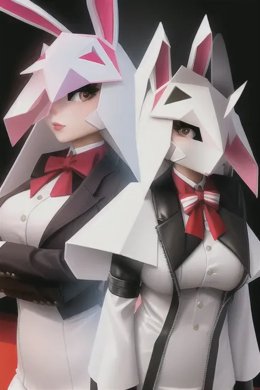 A person wearing a low poly bunny mask