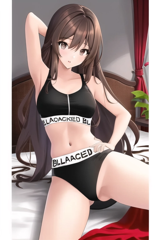 A picture, 1girl, long brown haired, hot, sexy pose on bed, <lora:blacked_underwear:1>