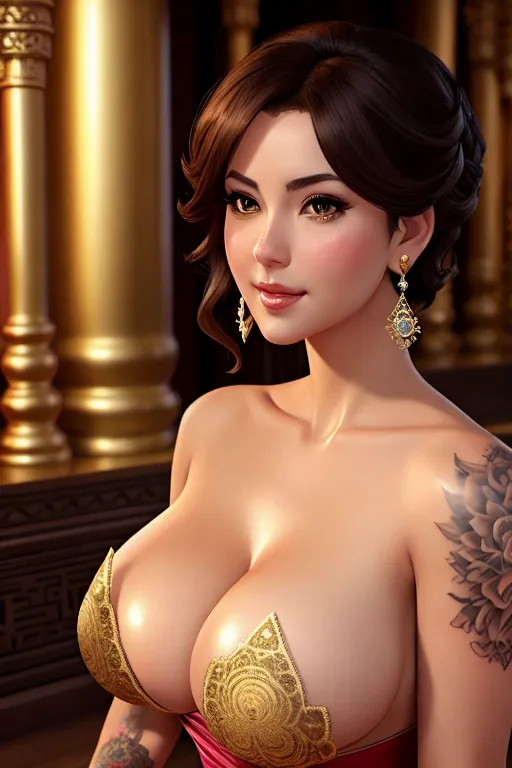 a concept art of,a milf,wearing princess dress,lying,in a temple,big breasts,five slender fingers,short hair,charming face,beautiful lips,brown eyes,curved eyebrows,smooth skin,romantic,tattoo,ultra realistic,pixiv,surreal,studio lighting,sharp focus