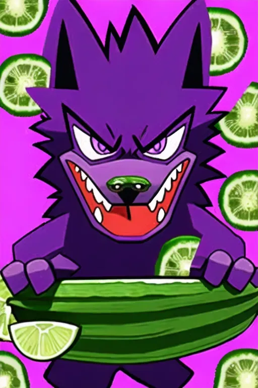 Purple angry dog that eats cucumber