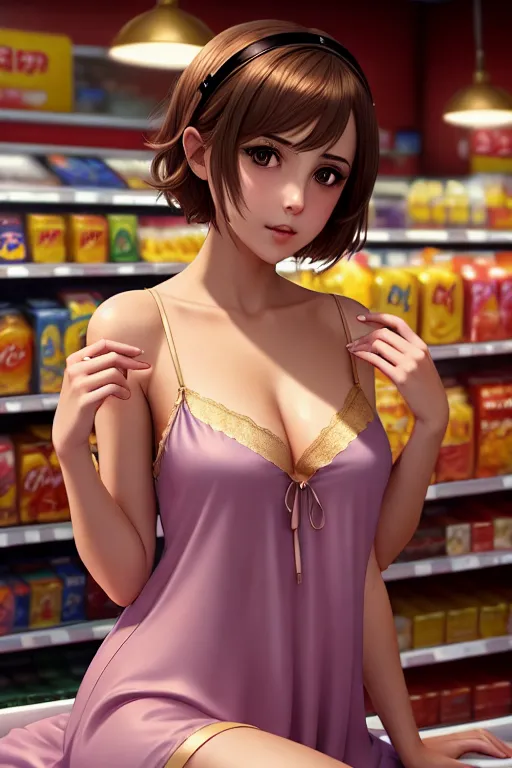 a digital art of,a sweden girl,wearing nightgown,lying,at the convenient store,small breasts,five slender fingers,short hair,gorgeous face,beautiful lips,brown eyes,curved eyebrows,wearing golden ring,cgsociety,pixiv,highly detailed,artstation,professional