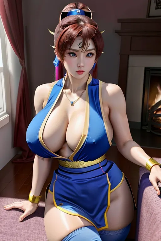 hi res, multicolor, Beautiful Chun Li, Chun Li hair do, nude (wearing sexy chun li uniform), (wearing stocking),living room, amazing breasts, showing cleavage, five slender fingers, gorgeous face, beautiful lips, blue eyes, curved eyebrows, thick eyebrows, curved eyelid, heavy makeup, textured skin, wearing necklace, highly detailed, sharp focus, artstation, film style, excited, Aroused,(one nipple out:1.2), fitness body