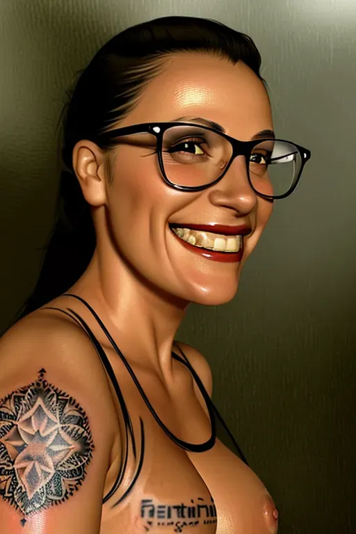 Tattoo image girl, small tattoo on shoulder, black hair, full naked, small tits, Best Quality, perfect smile, white detailed teeth, perfect mouth, ultra realistic