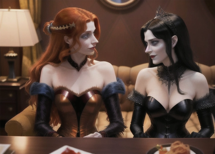midnight in the luxury penthouse suite at Hotel Transylvania, Beautiful long auburn haired with large deep blue eyes Queen Anna of Arendelle in elegant black gothic style posing hypnotized, in the hungry embrace of her new vampiric very pale short black haired friend Mavis with a fanged blood thirsty smile from Hotel Transylvania convincing Anna to join her as a vampire. photorealistic. photorealistic.