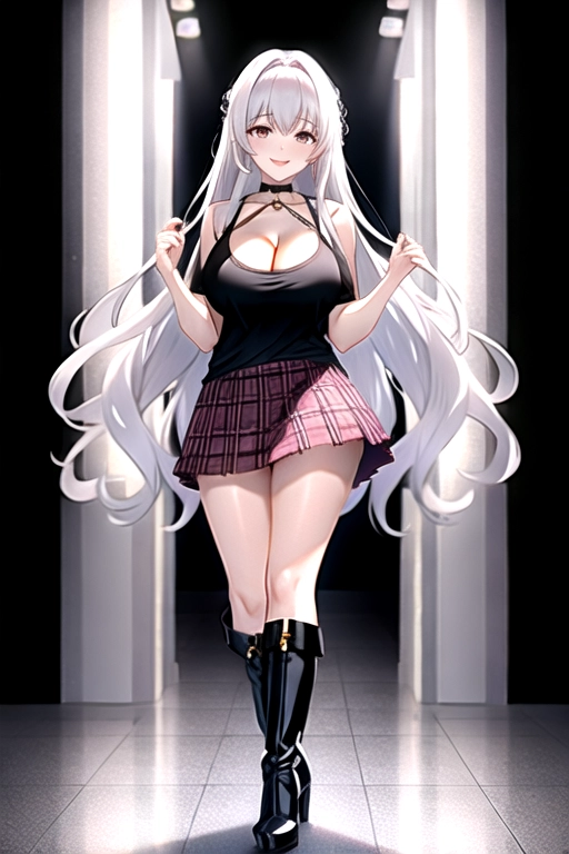 8k quality, brown eyes, pale white skin, white hair, giant breasts, cleavage, looking at viewer, pov, long hair, wavy hair, full body photo, standing in room, smiling, black shirt, pink plaid miniskirt, high heels, knee high boots, choker