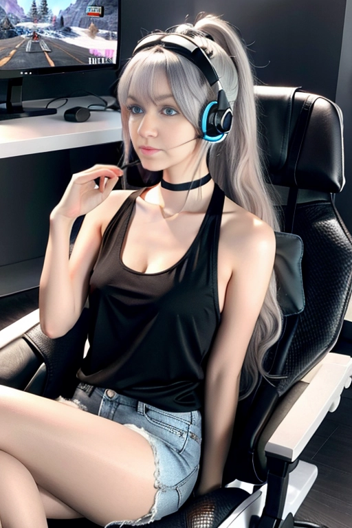 4k quality, photo of a beautiful E-girl streamer, wearing glasses, blue eyes, pale white skin, lace choker , medium breasts, cleavage, , long silver hair, wavy ponytail with bangs, wearing black tank top, pink short boy shorts, ((sitting in a gaming chair with a gaming headset on and holding a controller))