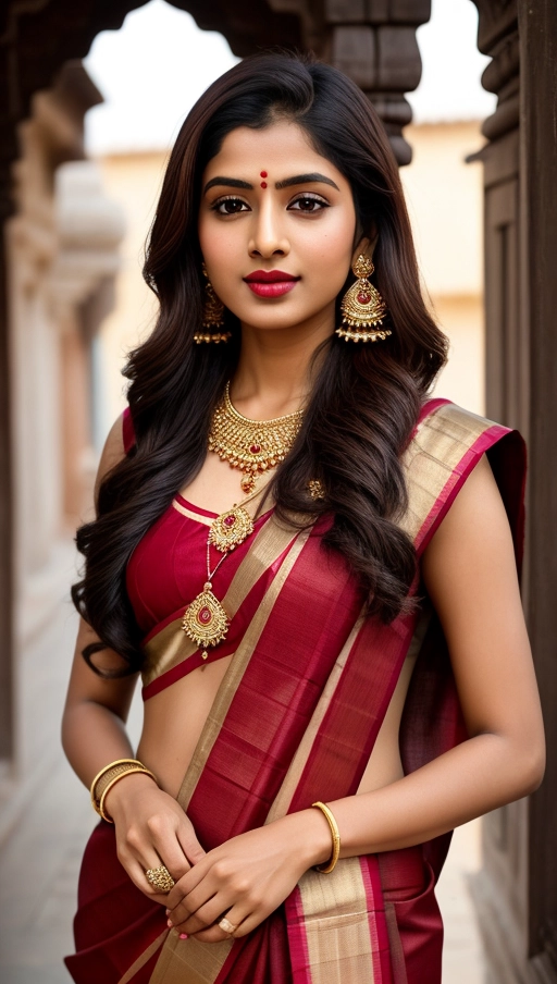 Selected ethnic group - Telugu,
Selected age - 24,
Skin type - olive, Hair color - dark brown, Hair style - long and wavy, based on current fashion,
Face shape - oval, Eyes - large and almond shaped with dark brown color, Mouth - full lips, Nose - medium with a rounded tip,
Clothing style - elegant traditional saree in deep red with golden embroidery, highlighting a sense of pride and cultural heritage,
Location - Hyderabad, India, in a historical courtyard with intricate stone carvings,
Body position - standing, Pose - hands gracefully adjusting a necklace, with a slight turn towards the camera,
Emotional expression - mysterious and contemplative,
Accessories - gold bangles, intricate earrings, and a traditional maang tikka,
Make up - subtle with a focus on kohl-lined eyes and a soft red lip,
No tattoos,
Camera angle - slightly low, giving a majestic feel, Lighting - soft natural light filtering through archways, Resolution - high for detailed textures, Camera type - DSLR, Camera settings - f2.8, ISO 100, Shutter speed 1-125s, Focus - on the eyes,