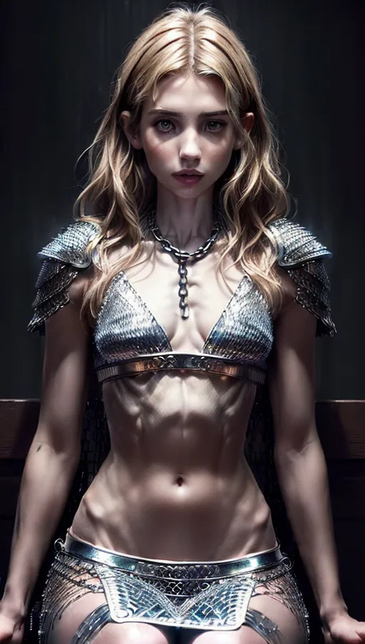 hyper-realistic close portrait of breathtakingly beautiful gorgeous cute Emma Roberts as eleven from stranger things holding a knife in hand,((Emma Roberts accurate detailed beautiful realistic face)), in the style of Stefan Kostic, full-length body shot, well-lit, intricate abstract art, (((naked except for sexy revealing intricate chainmail armor bikini))), sleeveless body suit, Leggings, functionally clothing, scary city, bad part of town, riots in street, (((sitting on a throne of skulls, intricate artwork, slap, octane render, high detail, sharp focus, complex concept art, digital painting, ambient lighting, 8k, artstation --v 4,UHD,best quality,<lora:dpmg_add_detail:1>, (((super Model))), ((gorgeous long hair)),((highly detailed perfect tight cute pussy)), (((skinny fit)))