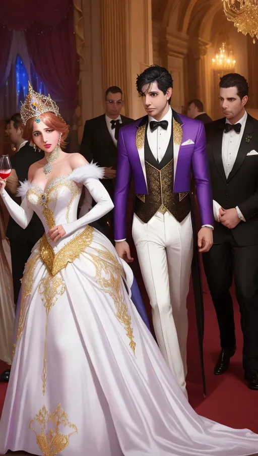 amidst the revelry of a grand masquerade ball, a clumsy servant trips spilling wine on beautiful auburn haired Queen Anna of Arendelle in a satin, pearl and gold masked, pristine white heirloom ball gown. An opportunistic Marquies De Sade looking on. photorealistic. High resolution