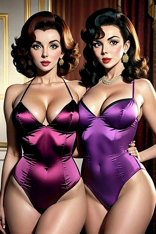 Colour painting of a young Margaret Thatcher and a Young Joan (collins(accurate faces)), leotards,((bare thighs)), smooth skin, sexy butts, fine beautiful bodies,(,(detailed skin features),(detailed face features), beautiful faces, (detailed body features), beautiful eyes, making lesbian love