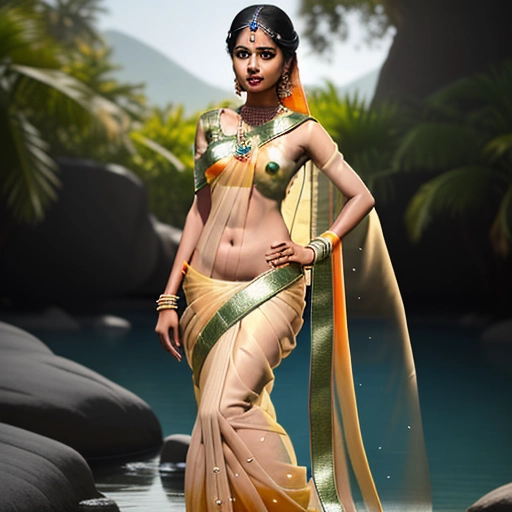 South indian girl, transparent saree only , medium skin tone , nude body
