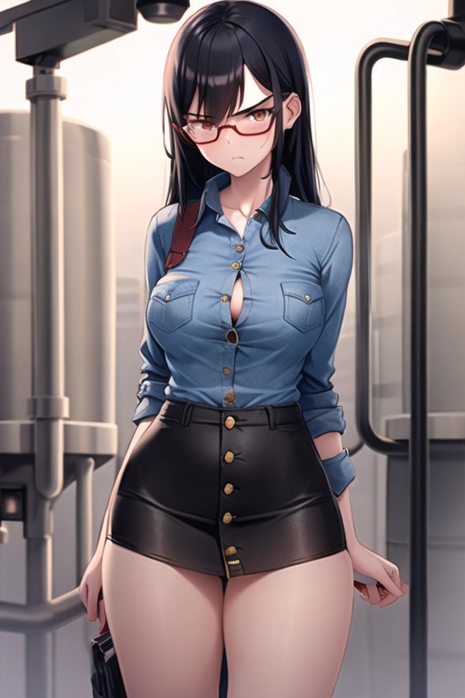 1girl, adult woman, long dark hair, hot, sexy, (((medium boobs))), (((round hips))), (((factory milk factory))), beautiful, perfect image, good art, angry reaction, skinny, (((hipster clothes))), dressed like a hipster, (((button-up shirt))), short skirt,