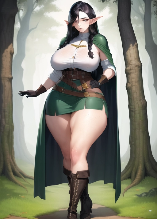 ((90s art style)), (masterpiece), absurdres, smooth, soft lines, soft edges, perfect edges, (soft lighting), (soft glow), perfect anatomy, detailed background, hair with great details, perfect eyes, perfect face, (looking at viewer), ((serious expression)),
lip gloss, smiling, ((flushed cheeks)), erotic, ((forest background)), full body view, ((wood elf)),
((Long black hair)), braids, ((freckles)), thick thighs, wide hips, ((cloak around shoulders)), high top boots, corset, skirt, ((fair skin)), ((very pale skin color)), fit, ((extremely thick arms)),