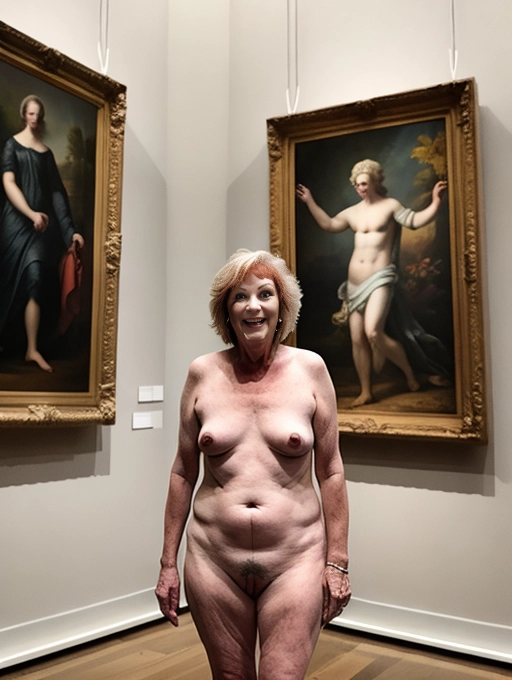 naked mature middle aged lady is casual as a naked tour guide at an art museum
