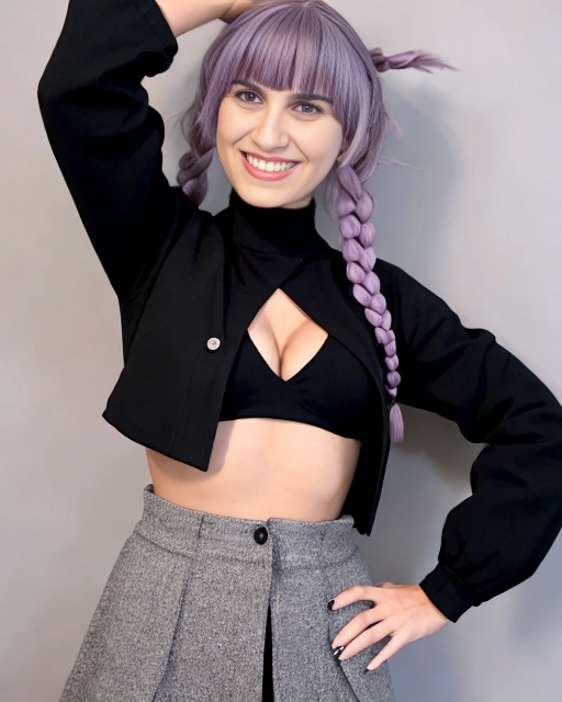 nanakusa nazuna, 1girl, bangs, bare shoulders, black nails, braid, breasts, cleavage cutout, clothing cutout, grin, groin, hair rings, hand on hip, hand up, jacket, light purple hair, long sleeves, looking at viewer, nail polish, navel, open clothes, open jacket, sleeveless, sleeveless turtleneck, sleeveless turtleneck crop top, smile, solo, turtleneck, w, <lora:dpmg_nanakusa_nazuna:1>
