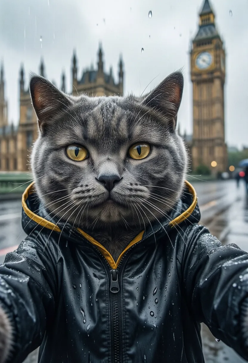 A realistic gray cat taking a selfie in front of Big Ben in London, raindrops on its fur, wearing a miniature raincoat