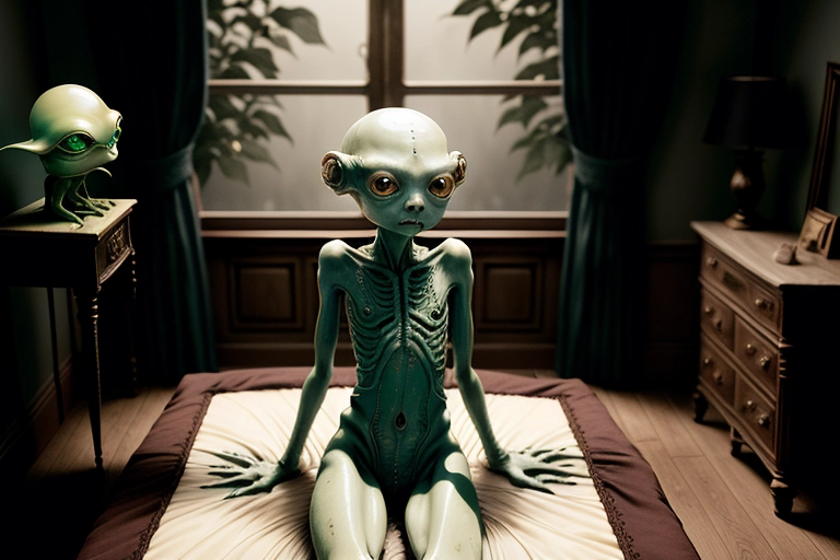 naked 18-year-old very slender young beautiful tiny gentle tree-frog alien Aria Haze in a dark ambient antique bedroom. Guillermo Del Toro film Pans Labyrinth style. she has smooth fair alabaster ivory skin, a huge bulbous bald alien head and a tiny body. she has beautiful huge black obsidian eyes. she is fingering her anus for me. rear view. realistic.