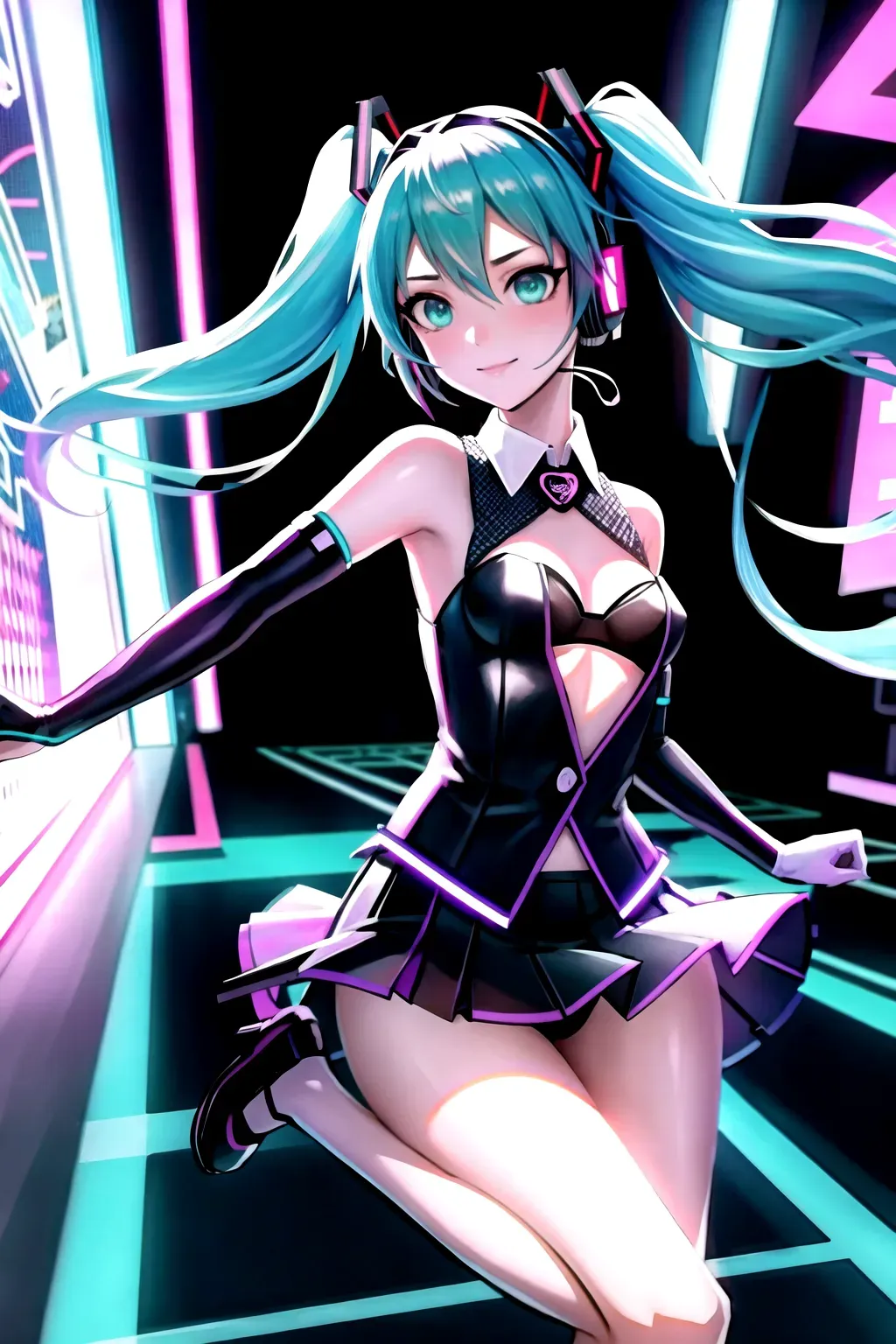 In the style of Vocaloid, envision a captivating scene where (normal-HatsuneMiku), the virtual idol, dances gracefully amidst the vibrant ambiance of an arcade club. The club is alive with (neon lights), and the energetic beats of music reverberate through the air. HatsuneMike movements are (mesmerizing1.2) as she (effortlessly sways to the rhythm), captivating the audience with her enchanting performance1.3. The atmosphere is (electric), and the onlookers are drawn to her like moths to a flame. The arcade machines add a playful touch, contributing to the overall (energetic1.2) and (exciting1.2) atmosphere. The scene portrays a fusion of modern technology and digital artistry, showcasing the magic of the virtual (world1.3.) It is an immersive experience that transports the viewers into the realm of Vocaloid, where the boundaries of reality and virtuality blur. Trending on Pixiv.,
(Slight smile), (normal-pixie-sexy-super-model), ((normal-DOA5)), <(normal-HatsuneMiku-Japanese-girl-uniform-clothing)>, <(normal-iris)>, <(normal-mappa-pupil)>, <(normal-Vitreous)>, <(normal-arm-hand-finger-thumb-strict-interaction2.1)>, <(normal-HD-leg-feet-toe1.1)>, <(normal-soft-(b)-cup-boob)>, <(normal-HD-pussy-anal-ass-nipple-lips-eyebrows)>, <((Normal-long-turquoise-Twin-Tails))>, <(normal-De-blur-noise)>, <(normal-sharpen)>, <<masterpiece>>, ((lora:dpmg_translucent_skin:1.3)), <<((clean-line-work))>>, <(HD-dark-shading)>, <(normal-global-illumination)>, <<((rule-of-thirds))>>, <(portrait)>, (hyper-realistic), (detailed-post-processing), (unreal-engine), 8k, (octane-render), (unreal-engine 5), (Studio-Mappa), (Studio-Trigger),
<<(Fix-super-precise-normal-adjust-background-objects)>>, <<(Fix-super-precise-normal-detailed-texture-global-illumination)>>, <<(Fix-super-precise-normal-adjust-adept-body-(adjust-adept)-interaction)>>, <<(Fix-super-precise-normal-fused-betwixt-bodies)>>, ((Fix-super-precise-normal-clean-line-work)), <<((Fix-super-precise-normal-adjust-adept-Japanese-girl-uniform-miniskirt-twin-tails-headset))>>, <<(Fix-super-precise-normal-soft-b-cup-boob-nipple)>>, <<(Fix-super-precise-normal-arm-hand-finger-thumb-(adjust-adept)-interaction)>>, <<(Fix-super-precise-normal-leg-feet-toe)>>, <<(Fix-super-precise-normal-purple-eye-face)>>, <<(super-fast-adjust-adept-motion)>>, <<((Fix-super-precise-normal-adjust-adept-motion))>>, <<((strict-GOP))>>, <<(temporal-AQ)>> <<(b-frames-two.)>>, <<(reference-frame-two.)>>, <<(((Fix))-((all))-of-the-((above)))>>, <<<(((single pass)))>>>, <<<((((Double-Pass))))>>>, <<((Fix-super-precise-(normal)-arm-hand-finger-thumb-(adjust-adept)-fast-coordinate-motion-interaction))>>,