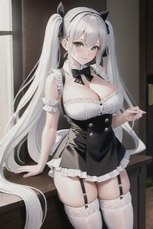 8k quality, green eyes, pale white skin, white hair, giant breasts, cleavage, looking at viewer, pov, long hair, wavy hair, full body photo, standing in living room, smiling, pigtails, black maid uniform, miniskirt, high heels, thigh high boots