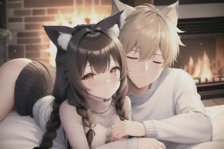 high quality, detailed, anime girl and anime boy, wolf ears on girl, wolf ears on boy, wolf tail on girl, wolf tail on boy, fluffy ears, fluffy tails, brown hair, girl is wearing a braided sweater, boy is wearing turtle neck, girl on couch with boy cuddling to stay warm, winter, cold, snow outside, fireplace, cozy, wide shot, cute, girl is asleep, boy is asleep, girl is sleepy, intimate, touching,