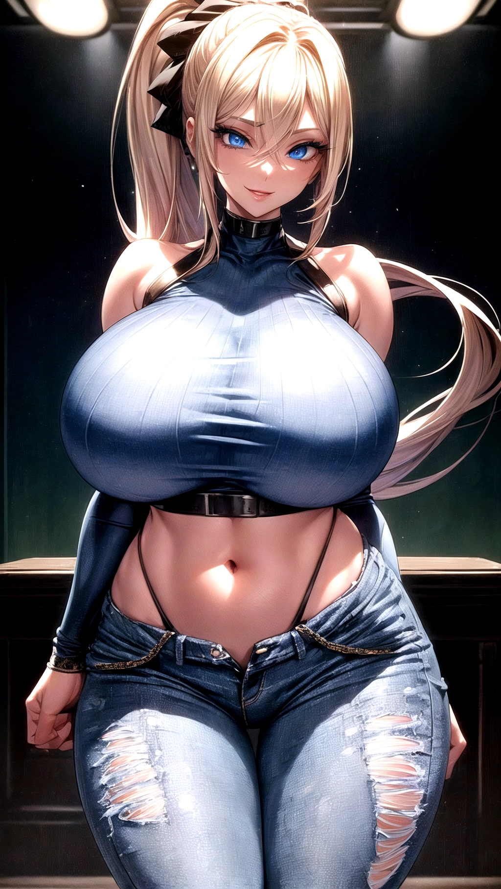 Beautiful, masterpiece, hyper detailed, high quality, (64K resolution), (HDR), (UHD), cinematic lighting, ((classroom background)), (1girl), solo, female focused, extreme face details,
A beautiful (Teacher) wearing a tight ((crop top)) and ((tight jeans)), ((huge boobs)), (hair in a short ponytail), belt, athletic body, seductive, seductive eyes, seductive smile, (((translucent clothes))), ((thin clothing)), ((Very thick thighs)), (((absolutely massive breasts))), skinny waist, (long eyelashes), ((wide hips)), blonde hair, ((bright blue eyes)), ((((hyper detailed eyes))))<lora:dpmg_add_detail:1>