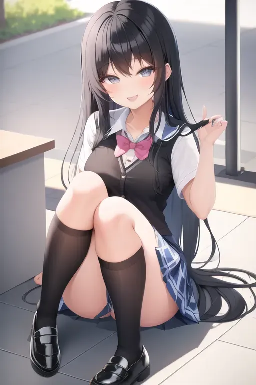 A lol schoolgirl, smilling, very cute face, black long hair, all body showing incluiding shoes,