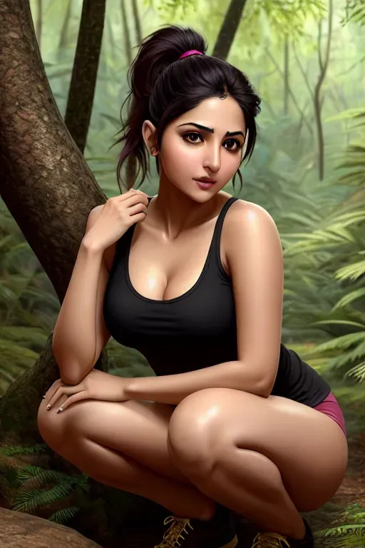 a color pencil draw of,anushka sharma,wearing tank top,squatting,in the forest,five fingers per hand,ponytail,gorgeous face,beautiful lips,black eyes,curved eyebrows,curved eyelid,textured skin,erotic,wearing golden ring,8k,pixiv,cgsociety,surreal,bokeh
