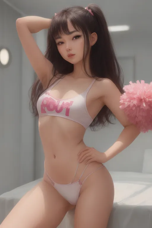 A very cute cheerleader, asian, Chinese, hot, sexy, half naked, medium dark hair, thick eybrows, happy eyes, small nose, soft cheeks, full lips, narrow chin, cute pink and white, short revealing football cheerleader onesie, mini skirt, garter belt, thin figure, small breasts, thin curvy waist, thicc ass, full thighs, aroused pussy, aroused clit, throbbing anus, standing staring at me provocatively, showing me her ass, sweet, submissive, begging me to fuck her, high definition, 4k quality, excellent lighting, great shading, pristine detail, very clear picture, beautiful vibrant colors, accurate at lower promp guidence, ultra realistic, five fingers per hand.