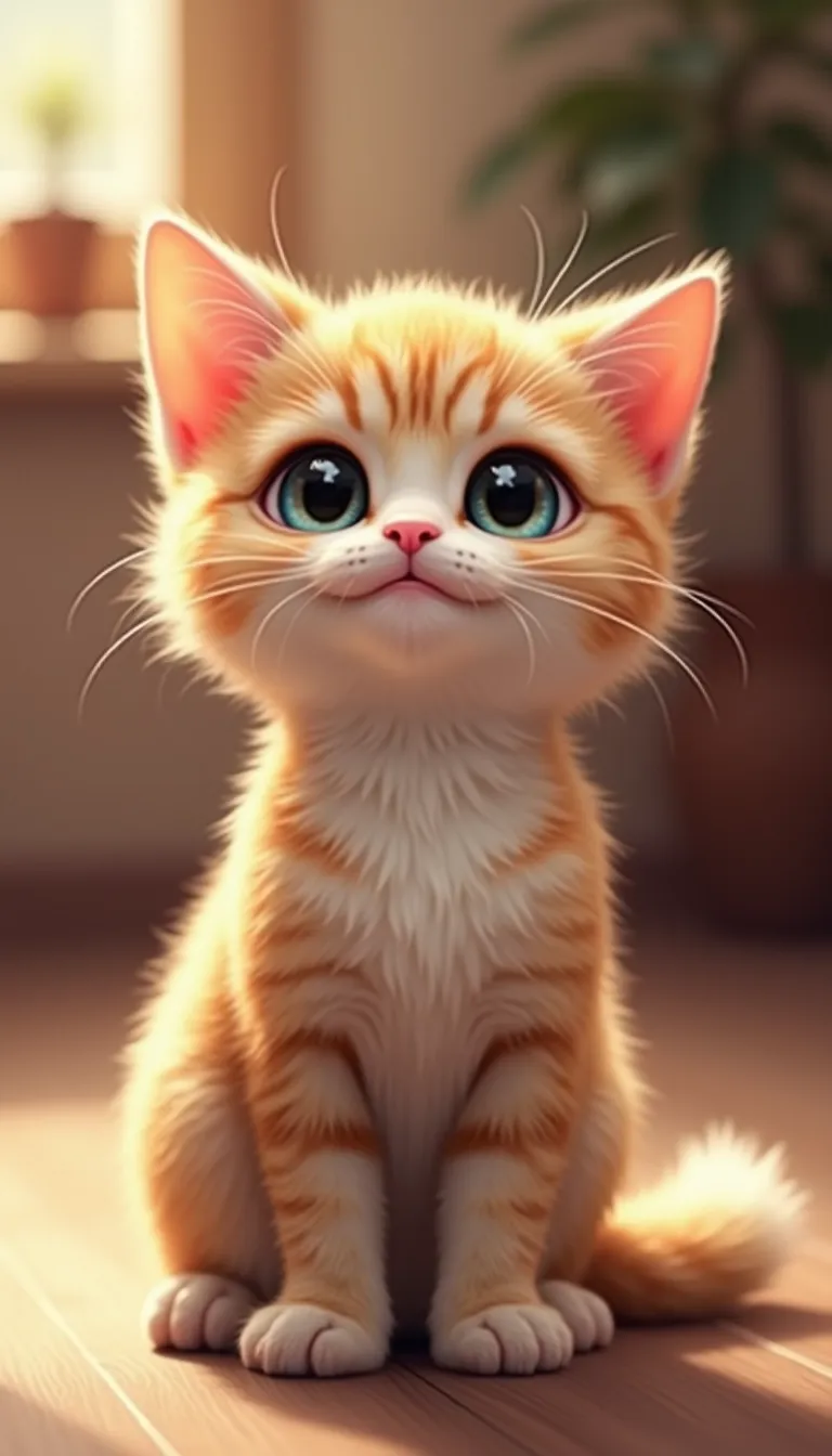 A cute cat sitting gracefully, with big expressive eyes and a fluffy tail curled around its paws. The background is softly blurred, featuring a cozy indoor setting with warm lighting. The cat has a playful expression, with its ears perked up and a slight tilt to its head. The fur is detailed, showing subtle variations in color and texture. The composition follows a 9:16 aspect ratio, perfect for a portrait-oriented image, with the cat centered to draw focus. The style is realistic with a touch of whimsy, enhancing the cat's adorable features.