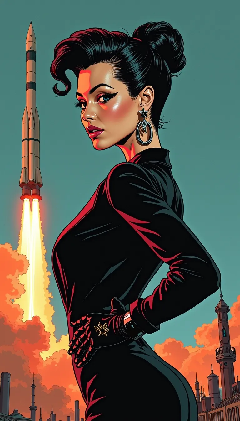 Holly Goodhead, slutty MIB silhouette, high-slit pencil skirt tight as betrayal, blazer barely buttoned over strategic absence, glossy black stilettos clicking like countdowns, gunmetal glove on one hand the other stained with red secrets, glossy plump lips like classified intel, hair slicked into a top-bun with three loose strands escaping protocol, disgusted smirk hiding six murders and a motive, future noir femme fatale, espionage elegance wrapped in visible brush strokes, hand-drawn graphic novel style, thick ink lines, halftone shadows, stylized lighting mid-scene, posture sharp as her sidearm, fashion as threat vector, visible tension in linework, noir retro-futurist palette
set at dusk, deep blue and orange gradient sky, sodium lights flickering on brutalist launch pad architecture, rocket launching in the background trailing smoke and fire into a dying horizon, dramatic light flaring behind her legs, silhouette cut by shadows and heat distortion, wind from the ignition pulling at skirt fabric and loose strands of hair, her face lit from below by flame-glow, glint of chrome on her earring like a countdown tick, debris in the air catching light like shattered code, she doesn’t look back
hand-drawn comic illustration, thick ink outlines, halftone shading, visible brush strokes, stylized light, posture mid-scene, key features outlined for drama, fashion with visual storytelling, glitter or grime as mood accents, emotion rendered in line weight