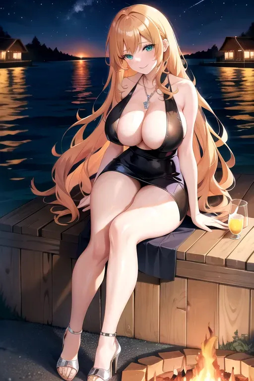 full body, strawberry blonde hair, green eyes, short girl, black high heels, looking at viewer, long hair, pale skin, silver necklace, 24 years old, giant breasts, cute face, pov, wavy hair, wide eyes, erotic, skirt tug, nighttime, slim body, sitting by lake, smiling, cleavage, 44F breasts, standing by campfire, blue minidress, serving drinks