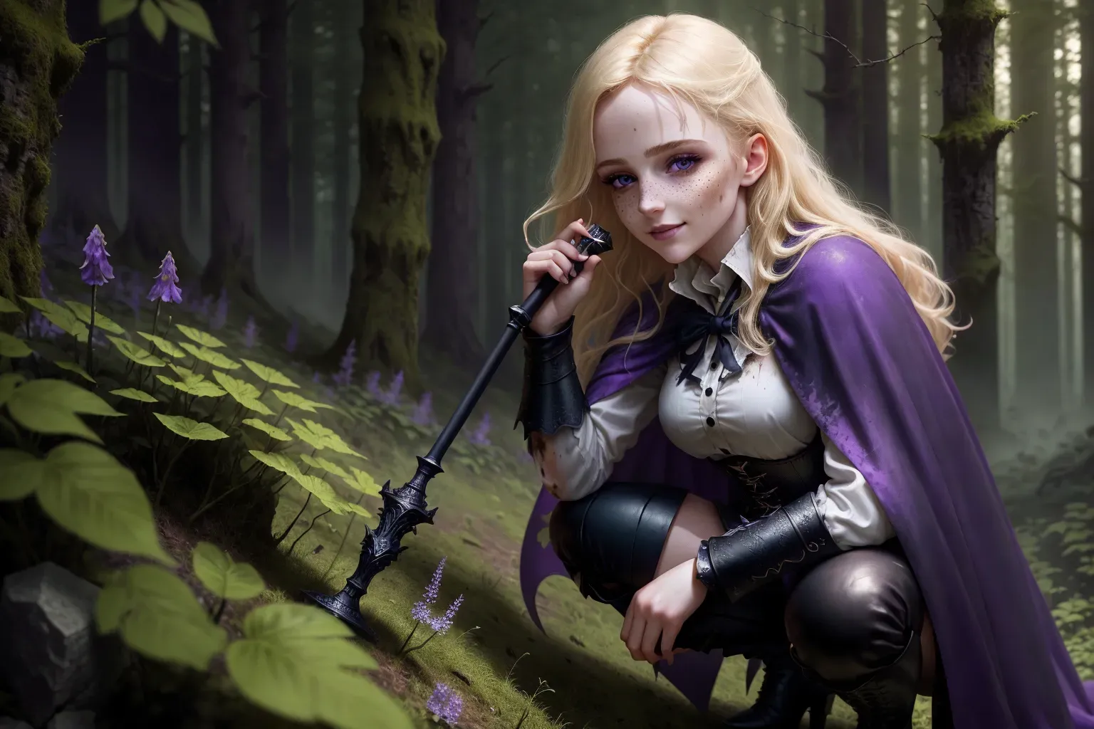 highly detailed face, beautiful face, intricate, highly detailed, cape, casting a black smoke spell from her hand, photorealistic, realistic, lifelike, blonde hair, blonde, beautiful girl, young adult, blood stained, sleek armour, normal arm length, woods, forest, rolling hills, sunset, leather corset, white cotton shirt with navy blue, buttons, stone ruins, sneaking through bushes, stealthy, freckles, crisp detail, medieval fantasy, renaissance, sharp, small breasts, 8k resolution, high res, full body, forest, anatomically correct, 5 fingers per hand, black smoke, dirty face, wide shot, full body shot, low shot, solo, alone, high detail face, knee high boots, wide shot, holding a mace, even eye size, black eye shadow makeup, 8k wallpaper, scratches, face scars, crawling through bushes on hands and knees, stone ruins, low close up, cinematic, volumetric lighting, flirty smile, violet eyes
