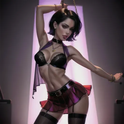 pornstar Vicca is seductively pole dancing in a strip club, groping her breasts and swinging her hips in sexy stripper club outfits, ultra realistic faces, Vicca has short straight hair that is dark red, very intense and beautful eyes, high cheekbones in a very beautiful face, small beautiful breasts with very erect nipples poking through clothes, nipslips, very thin and sexy body, toned body with long slender legs, transparent blouse, short sexy jacket with deep cleavage, short and tight skirt, very sexy stockings and choker with chain, bracelets on wrists and ankles, golden earrings and necklaces, purple silk scarf tied around upper arm, bracelett on wrist, nipslip, nipple poking out from bra, full body fits in picture, show legs and feet, partly undressed with visible breasts
Vicca is dancing violently, swinging her head with the music, arms in the air, touching her hair and neck, hands on hips, passionately looking deep into the camera, while seductively licking her lips, blue top, blowing kisses to the audience,
check fusing of arms and hands, check fingers on hand, five fingers, two arms, arm geometry, number of arms, check number of legs, beautiful and detailed face,
ultra realistic graphics, High definition, excellent lighting, best quality, high resolution, photorealistic, masterpiece, ultra realistic graphics, 16k, improved graphics