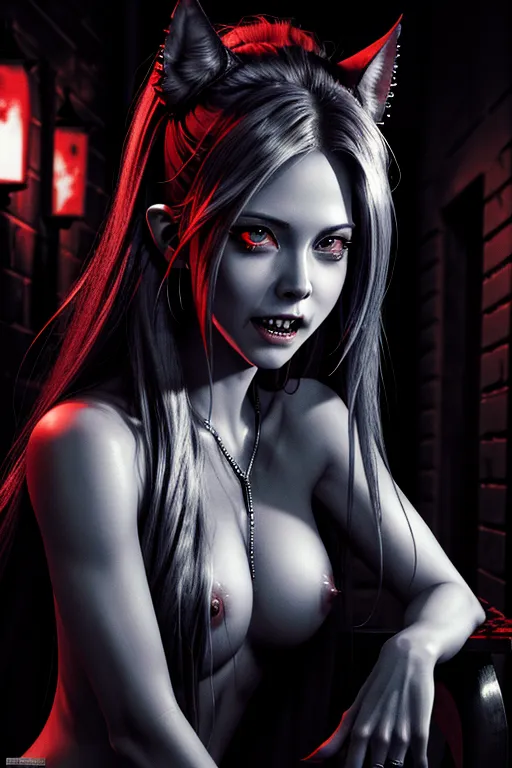 Avril Lavigne naked, ultra detailed face, 64k, vampire, sharp teeth k9 fangs, blood on mouth, menacing eyes, hungry expression, dark alley, body modification, ultra detailed body image, 4k,
