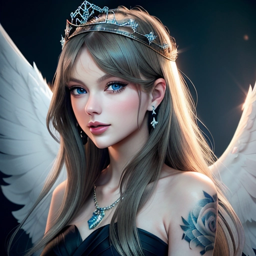 a 8k high detail photo full portrait shot, Taylor Swift, five slender fingers ,silky hair, Handsome face ,beautiful lips, blue eyes,curved eyebrows,curved eyelid,pale skin,satisfaction,tattoo,ultra realistic,smooth,8k,studio lighting,surreal, Angel Wings, Angelic Lighting, Love, Hope, Magic casting, Crown, Smiling, Queen, happy,