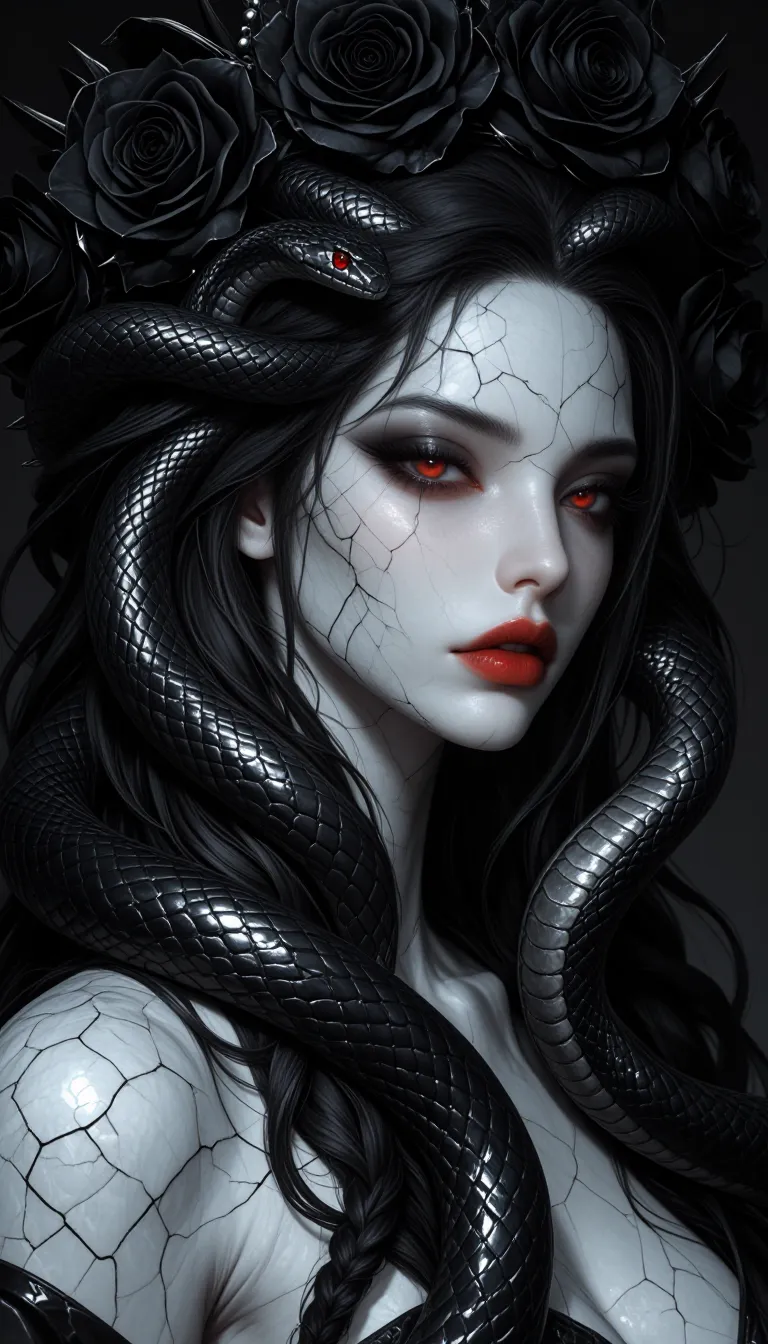 hyper-realistic portrait of a woman inspired by mythological Medusa aesthetics, pale cracked marble-like skin with intricate stone texture, long flowing black hair, a single large black serpent wrapped around her head and neck, the serpent glossy and detailed, scales highly visible, the snake positioned prominently and dramatically, wearing a handmade crown of natural black roses arranged loosely and asymmetrically, dark ethereal atmosphere, soft cinematic lighting, ultra-detailed facial texture, haunting beauty, fine art style, high-resolution fantasy portrait