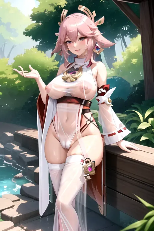 yae miko in a wet white shirt and shorts sitting in the park, <lora:dpmg_yae_miko:0.1>, athletic, wet clothes, natural breasts, saggy tits, mature, 40, purple eyes, (pink hair:1.2), bangs, short hair, five fingers per hand, beautiful face, beautiful lips, curved eyebrows, peaceful, editorial, pixiv, surreal, 8k, natural lighting, (german:1.2), (eskimo:0.4), (middle eastern:0.4), (italian:0.8), (japanese:0.2), full length body shot, cameltoe, yae miko from genshin impact, wet skin, wet body, smiling, seductive, messy hair, layered hair, golden hair pin, yae miko hair, pixie cut, see through clothes, naughty, smirk, <lora:dpmg_black_see_through:0.2>, nude, nipples